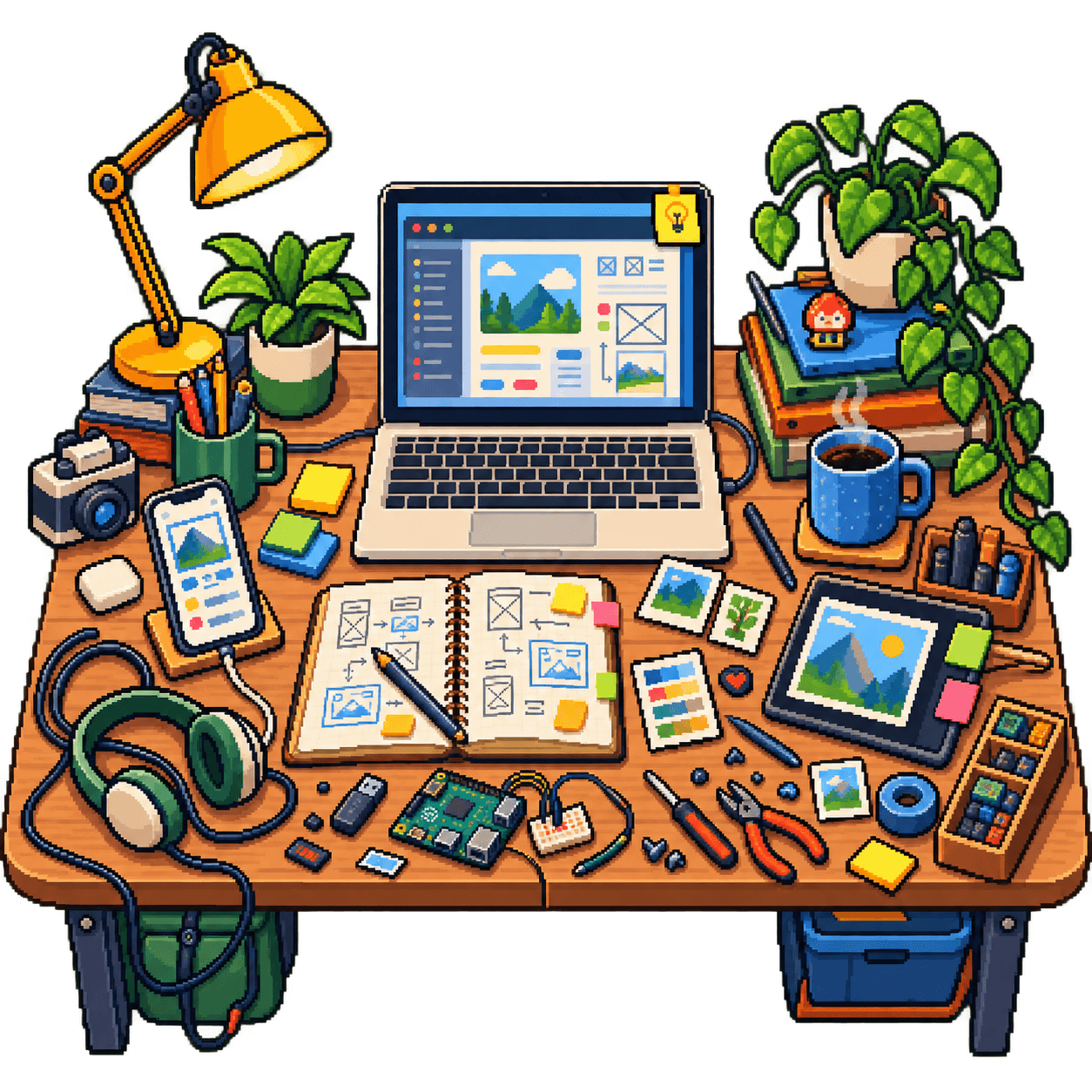 A detailed pixel-art maker's desk with a laptop, notebook, prototypes, tools, coffee, and plants